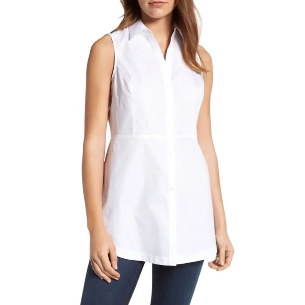 Lafayette 148 Women's White Cotton Sleeveless Fit & Flare Button Up Shirt Size 6 - Picture 1 of 11
